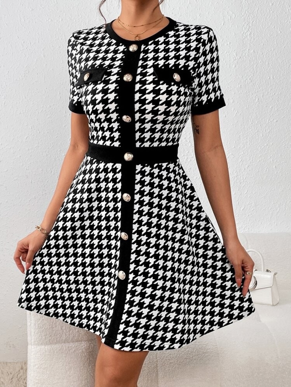 SHEIN Houndstooth Button Front Fit & Flare Dress Size S